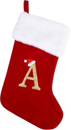 Medias de Navidad con monograma de 20 pulgadas con letras, medias de Navidad grandes súper suaves, terciopelo rojo con puño de felpa blanco súper