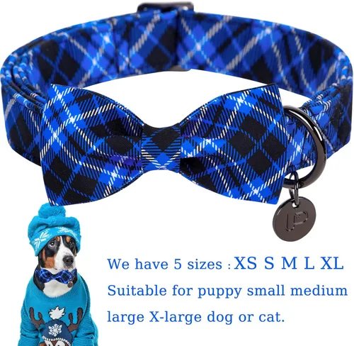 Miniatura 2 de Collar para perro con pajarita, Collar de algodón con pajarita para cachorro, Collar para perro azul para niña o niño con hebilla de metal duradera