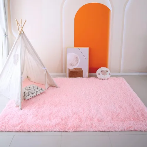 Miniatura 5 de CAIYUECS Alfombra rosa para dormitorio de niñas: alfombras de pelo largo para sala de estar, 4 x 6 pies, antideslizantes, modernas, peludas, de piel