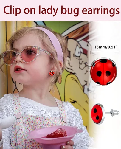 Miniatura 2 de Pendientes de mariquita roja para niña, aretes de insectos plateados con puntos negros para Halloween, Navidad, cumpleaños, cosplay, regalos