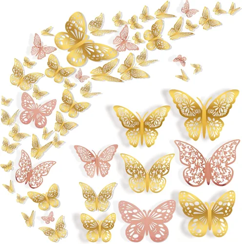 72 piezas de decoración de pared de mariposa, 3 estilos, 3 tamaños, mariposa 3D, mariposa dorada y oro rosa, decoraciones de boda, decoraciones de