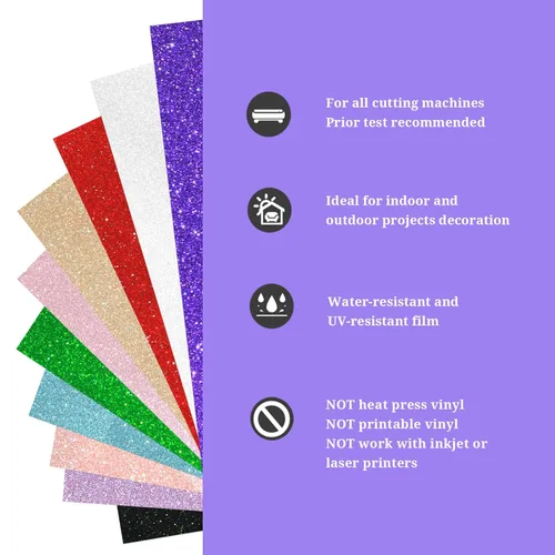 Miniatura 2 de TECKWRAP Hojas adhesivas de vinilo brillante con purpurina para cortador de manualidades, 12 x 12 pulgadas, 10 hojas/paquete