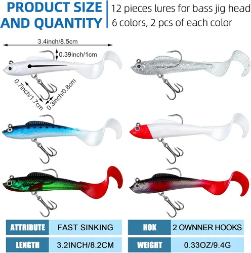 Miniatura 2 de Skylety 24 señuelos de pesca, señuelos de plástico suave para lubina, cabeza de jig, Swimbait, kit de aparejos de plástico suave realista para agua
