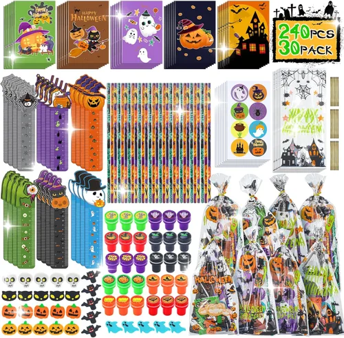 Paquete de 30 artículos de papelería de fiesta de Halloween para el aula de niños, más de 240 piezas de bolsas de golosinas de Halloween a granel