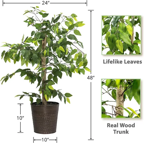 Miniatura 2 de LCG Florals Árboles de ficus artificiales en macetas de metal de cobre, juego de 2 – tronco de madera real, premontados, planta sintética