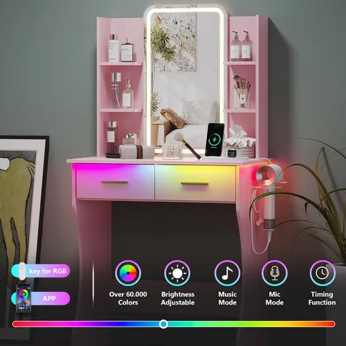 Miniatura 4 de HUANLEGO Pequeño escritorio de tocador con espejo y luces, escritorio de maquillaje rosa con espejo iluminado y toma de corriente, 3 luces