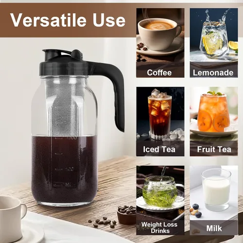 Miniatura 7 de Jarra de café frío de 64 onzas, jarra de vidrio resistente con tapa de mango de boquilla en forma de V, filtro de acero inoxidable para café helado
