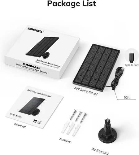 Miniatura 7 de ZUMIMALL Panel solar de 3 W para cámara de exterior inalámbrica, X2/X1/F5, panel solar impermeable IP66 con cable de carga tipo C de 10 pies, fuente