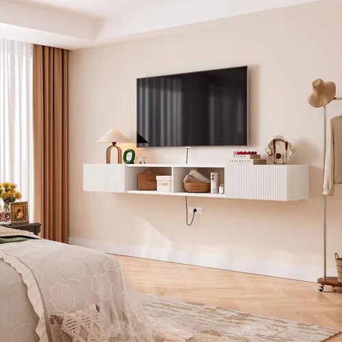 Miniatura 4 de Soporte flotante para TV de madera contrachapada con puertas acanaladas, color blanco, 55 pulgadas Montado en la pared, consola multimedia