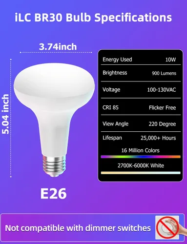 Miniatura 9 de Paquete de 12 bombillas LED empotradas BR30, 16 millones de colores RGB, control Bluetooth APP BRmesh APP 2700K-6000K blanco sintonizable, base E26