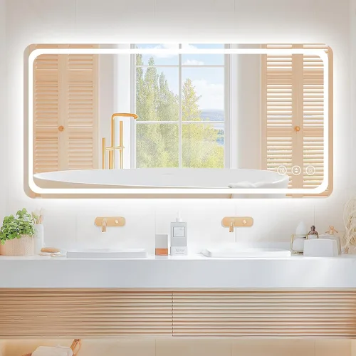 48x24 Inch LED Bathroom Mirror with Lights, Anti-Fog 3-Color Dimmable Memory Touch Control, Waterproof HD Tempered Glass, Wall Mounted Vanity Mirror