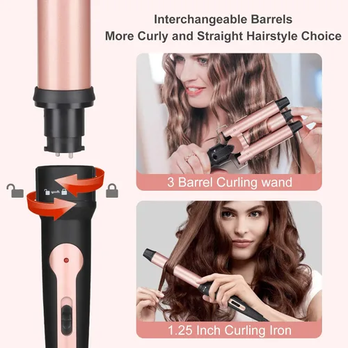 Miniatura 5 de Varita Rizador de Pelo y Rizador de Cabello, Emocci Pro Grande de 3 Barriles (0.35"-1.25" de Cerámica) Rizador de Cabello para Mujeres, Ondas