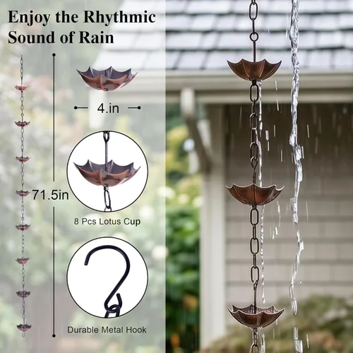 Topadorn Cadena de lluvia de metal de 71.5 pulgadas, repuesto de canalón decorativo para jardín, patio y hogar Sombrilla