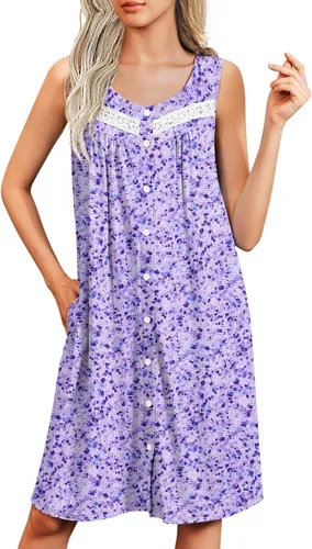 Miniatura 15 de Ekouaer Camisones para mujer, con botones, sin mangas, suave, con bolsillos, tallas S-XXXL