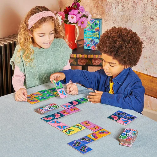 Miniatura 4 de eeBoo Dominó de mariposa brillante gigante – 28 azulejos de gran tamaño, lámina holográfica colorida, juego de colocación de azulejos, diversión sin