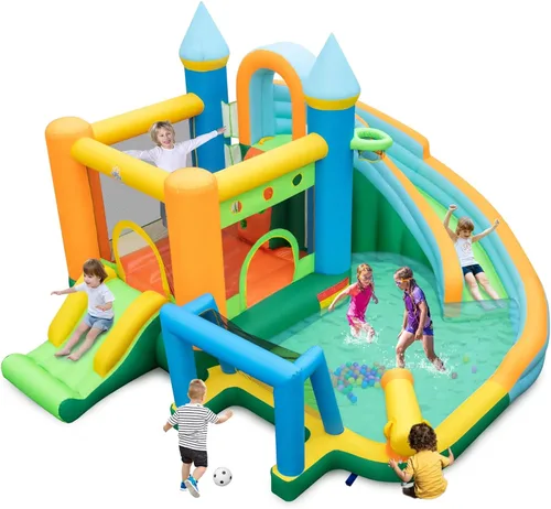 Miniatura 10 de HONEY JOY Tobogán acuático inflable, casa de rebote de agua gigante 8 en 1 y parque acuático con toboganes, escalada, piscina de chapoteo, toboganes
