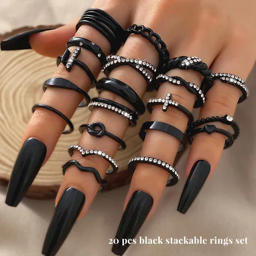 Miniatura 2 de KISS WIFE Juego de anillos dorados, plateados y negros para nudillos, para mujeres, delicados, simples, modernos, apilables, perfectos para apilar