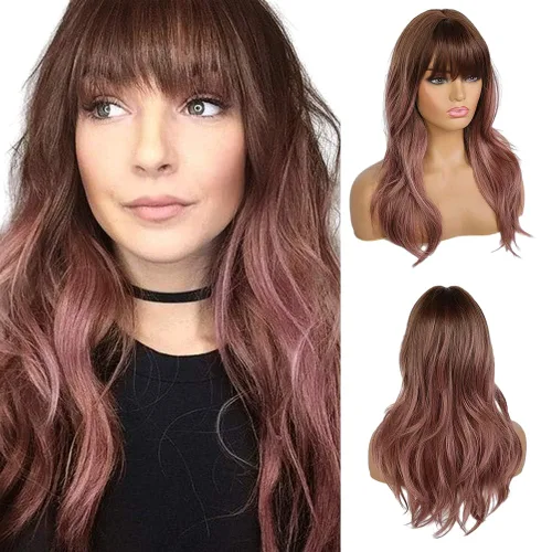 Miniatura 6 de EMMOR Pelucas negras para mujer, pelucas largas y rizadas con flequillo, peluca sintética ondulada con agua, para fiestas, cosplay, uso diario