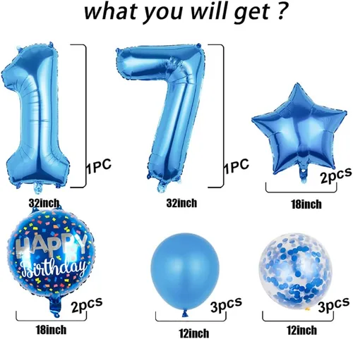 Miniatura 2 de Globos, 11 globos de aluminio para niños de 17 años para suministros de fiesta de cumpleaños de 17 años, globos de confeti, globos de fiesta de Azul