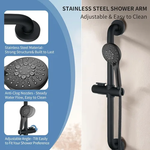 Miniatura 2 de BRIGHT SHOWERS Juego de barra deslizante de acero inoxidable con barra de agarre compatible con Ada, ducha de mano de 5 rociadores con kit de barra