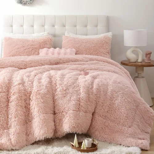 Miniatura 39 de Smoofy Juego de edredón esponjoso de tamaño Full, juego de edredón rosa de piel sintética, juego de ropa de cama mullido de lujo, juego de ropa