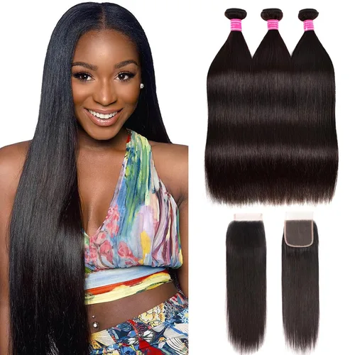 Miniatura 8 de Extensiones de cabello humano lacio 10A 100% sin procesar, cabello virgen brasileño, lacio, 3 paquetes de 16, 18, 20 pulgadas, extensiones