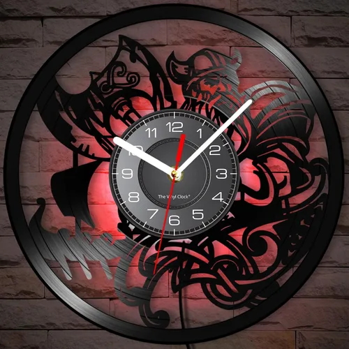 Miniatura 5 de Reloj de pared de vinilo LED vikingo de 12 pulgadas con 7 colores cambiantes, cuarzo silencioso sin tictac, arte de pared vikingo para hombre