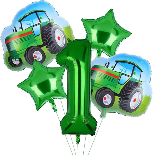 5 globos de tractor, color verde, número de cumpleaños de tractor, globos de aluminio de Mylar con tema de granja, suministros de decoración para