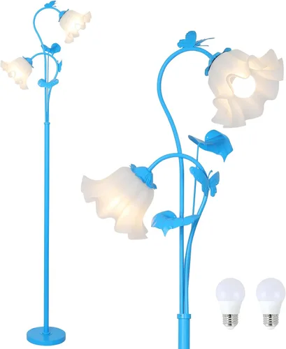 Miniatura 13 de HMVPL Lámpara de pie blanca con flores, lámpara alta floral con 2 bombillas LED de 5W, interruptor de pie, lámpara de pie moderna de esquina