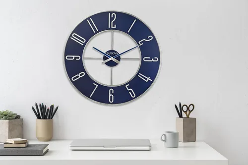 Miniatura 6 de Bulova Reloj de pared de gran tamaño de acero azul, modelo C4809, 27 pulgadas de diámetro, elegante acabado plateado y azul, diseño contemporáneo