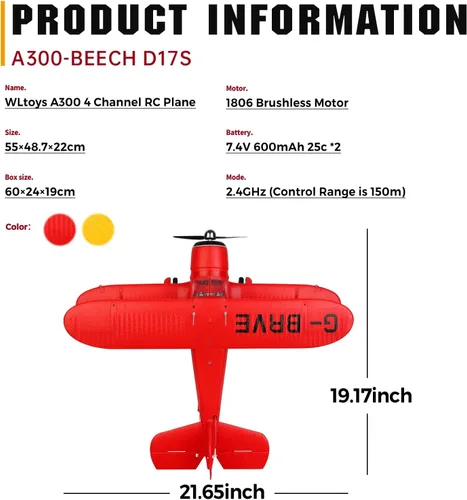Miniatura 6 de CKYSCHN WLtoys A300 4-Ch Avión RC, Aviones RC Beechcraft D-17 con Luces, Aviones RC Brushless 6G/3D con 2 Baterías, Aviones RC de 2.4G de Control