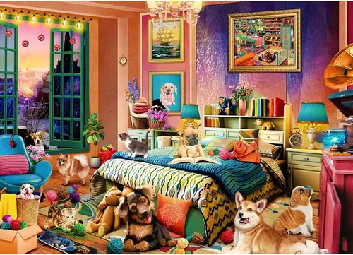 Rompecabezas para adultos de 1000 piezas, habitación de mascotas con póster entrelazado perfectamente letra en la parte posterior sin polvo, juguete
