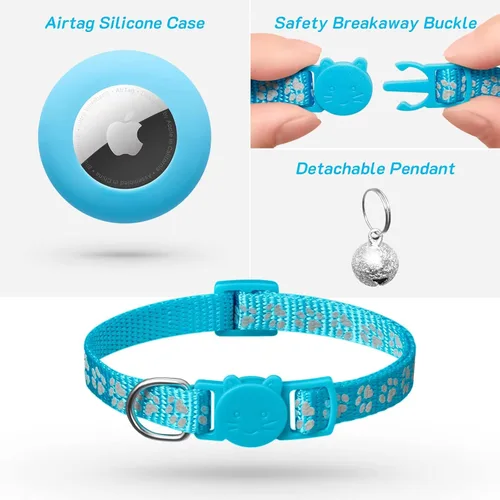 Miniatura 3 de Paquete de 2 Collares de Gato Airtag Separables con Campana, Collar Reflectante para Gatito con Soporte para Collar de Gato Apple Airtag, Ajustable