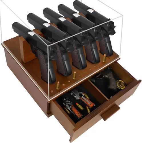 Soporte para pistola de pistola, caja de exhibición de madera para 5 ranuras para pistola de bala, 11 agujeros para pistola de bala, organizador de
