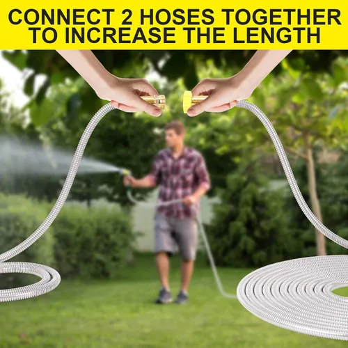 Miniatura 5 de Manguera de jardín de metal de 25 pies, manguera de agua resistente de acero inoxidable con boquilla de metal sólido y rociador de 8 funciones
