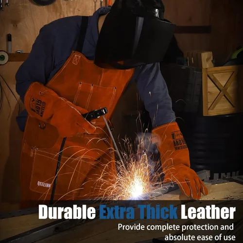 Miniatura 7 de QeeLink Delantal de soldadura de cuero con 6 bolsillos, delantal resistente al calor y al fuego, 24 x 42 pulgadas, ajustable de M a XXXL Marrón