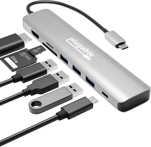 Concentrador USB-C enchufable 7 en 1 para pantalla HDMI única, concentrador sin controlador, HDMI 4K, 3 USB 3.0, lector SD/microSD, carga de 100 W