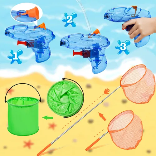 Miniatura 4 de Paquete de 14 redes telescópicas de mariposa para niños, cubos plegables y pistola de agua para niños, redes de insectos de pesca