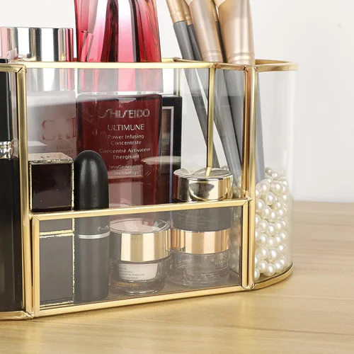 Miniatura 9 de Hipiwe Soporte para brochas de maquillaje dorado, 4 ranuras, organizador de brochas de cosméticos de vidrio, soporte para control remoto, soporte