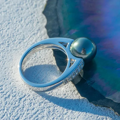 Miniatura 8 de Anillo de perlas negras de Tahití de calidad AAA, perla cultivada natural del mar del sur, 0.36 cttw moissanita, anillos de plata esterlina S925