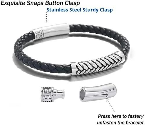 Miniatura 5 de FANCIME Footmark 925 Sterling Silver Herringbone Pattern Genuine Mens Leather Bracelet Braided Rope Spiritual Energy Charm with Push Button Locking
