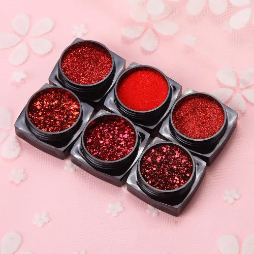Miniatura 2 de Juego de 6 cajas de lentejuelas con purpurina para arte de uñas, polvo de diamante de cristal rojo, 3D, holográfico, escamas brillantes, juego