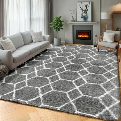 Miniatura 62 de ONASAR Alfombras de área para sala de estar y dormitorio, alfombra esponjosa lavable de 5x8 pies gris y blanca, alfombra de piso suave, afelpada