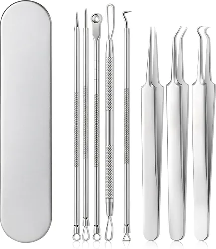 Kit de 8 herramientas para eliminar puntos negros, juego de eliminación de acné de acero inoxidable de grado médico con pinzas y agujas, extractor