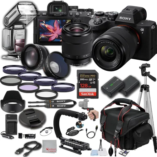 Sony Cámara digital sin espejo A7 V de 33 MP con lente de 1.102-2.756 in, memoria extrema de 128 GB, TTL Pro Flash, filtros, lentes, funda, trípode,