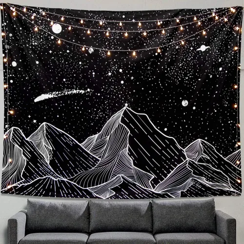 Miniatura 15 de Zussun Tapiz blanco y negro con noche estrellada, tapices de montaña para dormitorio, estética de luna y estrellas, tapiz para colgar en la pared