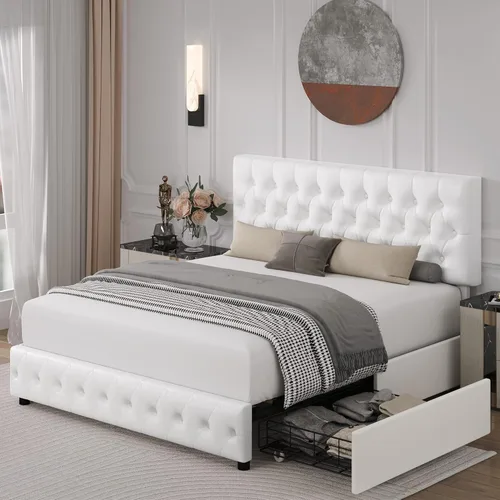 Miniatura 9 de TTVIEW Base de cama de tamaño matrimonial con 4 cajones de almacenamiento y cabecera ajustable, plataforma tapizada con diseño capitoné, soporte