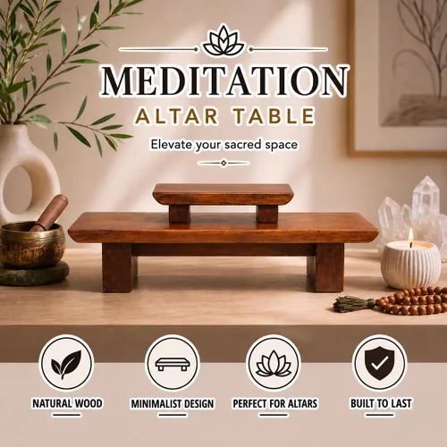Miniatura 4 de Mesa de altar de meditación – Santuario Puja escalonado hecho a mano de 21 x 7.5 x 6 pulgadas – Mesas pequeñas para relajación, oración – Meditación