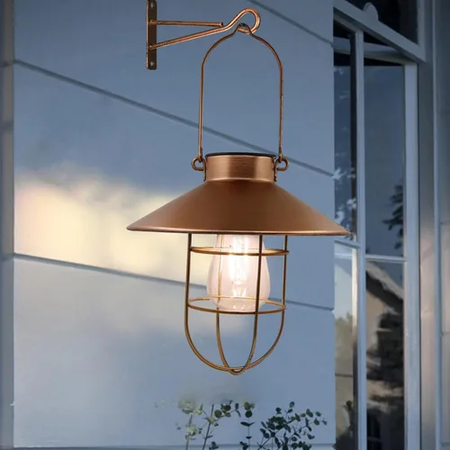 Farol solar colgante para exteriores, faroles vintage de metal cobre, luces colgantes solares blancas cálidas, diseño de bombilla Edison impermeable