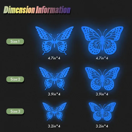 Miniatura 7 de SAOROPEB - Calcomanía 3D de mariposa que brilla en la oscuridad, 24 unidades, 3 tamaños, para decorar techo o pared, suministros de fiesta